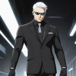 Formal man in black suit with short white hair, portrayed as a spy. His arms are replaced with cybernetic limbs, drawn in anime style.