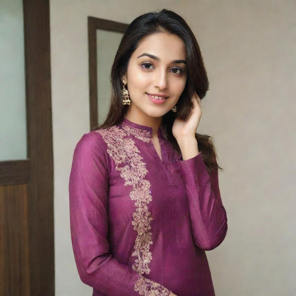 A beautiful girl taking a selfie clad in a plum-colored kurta and pants.