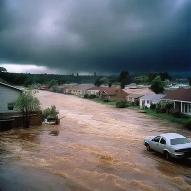 The storm caused the river to overflow and inundate the entire town in the movie scene.