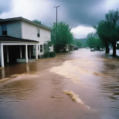The storm caused the river to overflow and inundate the entire town in the movie scene.