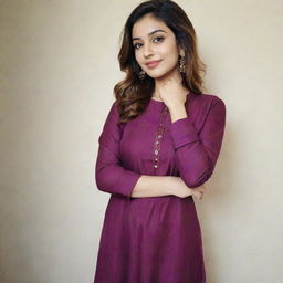 A beautiful girl taking a selfie clad in a plum-colored kurta and pants.