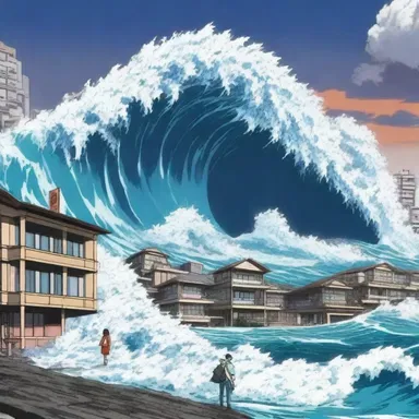 In the anime series, a massive tsunami emerged and inundated the city, leaving destruction and chaos in its wake.