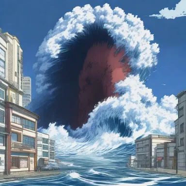 In the anime series, a massive tsunami emerged and inundated the city, leaving destruction and chaos in its wake.