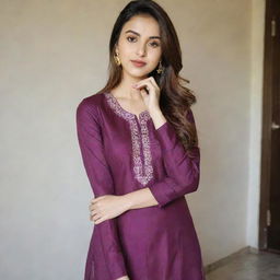 A beautiful girl taking a selfie clad in a plum-colored kurta and pants.