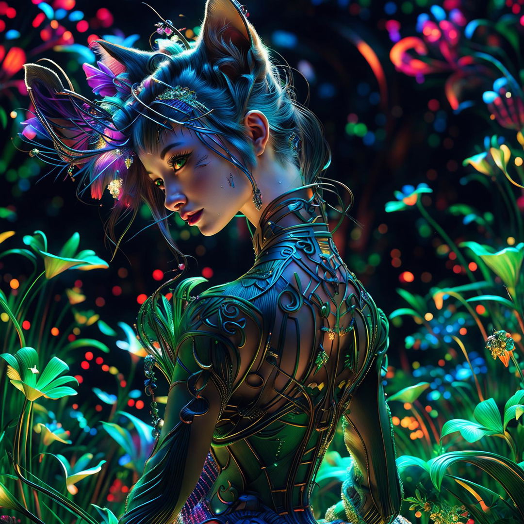 A close-up, hyper-realistic 3D photograph of a Rococo-inspired cyberpunk cat woman with pronounced feline features, facing backward. She is surrounded by a fantasy aesthetic of bioluminescent flowers, vibrant colours, and stunning lighting effects.