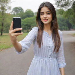 A beautiful girl taking a selfie donned in a striped kurta and pants.