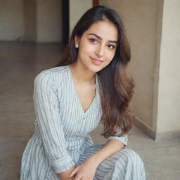 A beautiful girl taking a selfie donned in a striped kurta and pants.