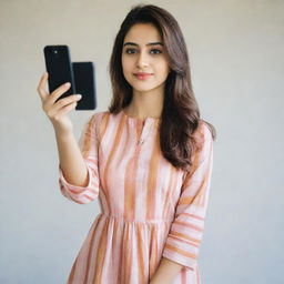 A beautiful girl taking a selfie donned in a striped kurta and pants.