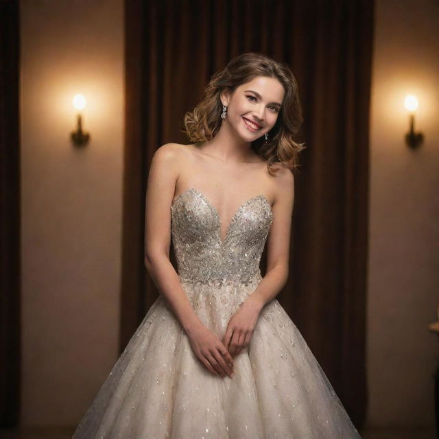 A young and charming movie starlet under the spotlight, dazzling in an elegant evening gown with her bright smile lit under the glamorous ambient light