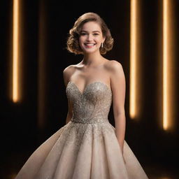 A young and charming movie starlet under the spotlight, dazzling in an elegant evening gown with her bright smile lit under the glamorous ambient light