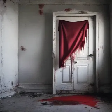 As the protagonist entered the abandoned house, the sight of a bloodstained red flag on the door filled them with a sense of dread and urgency.