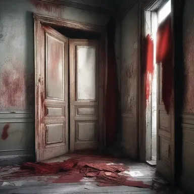 As the protagonist entered the abandoned house, the sight of a bloodstained red flag on the door filled them with a sense of dread and urgency.