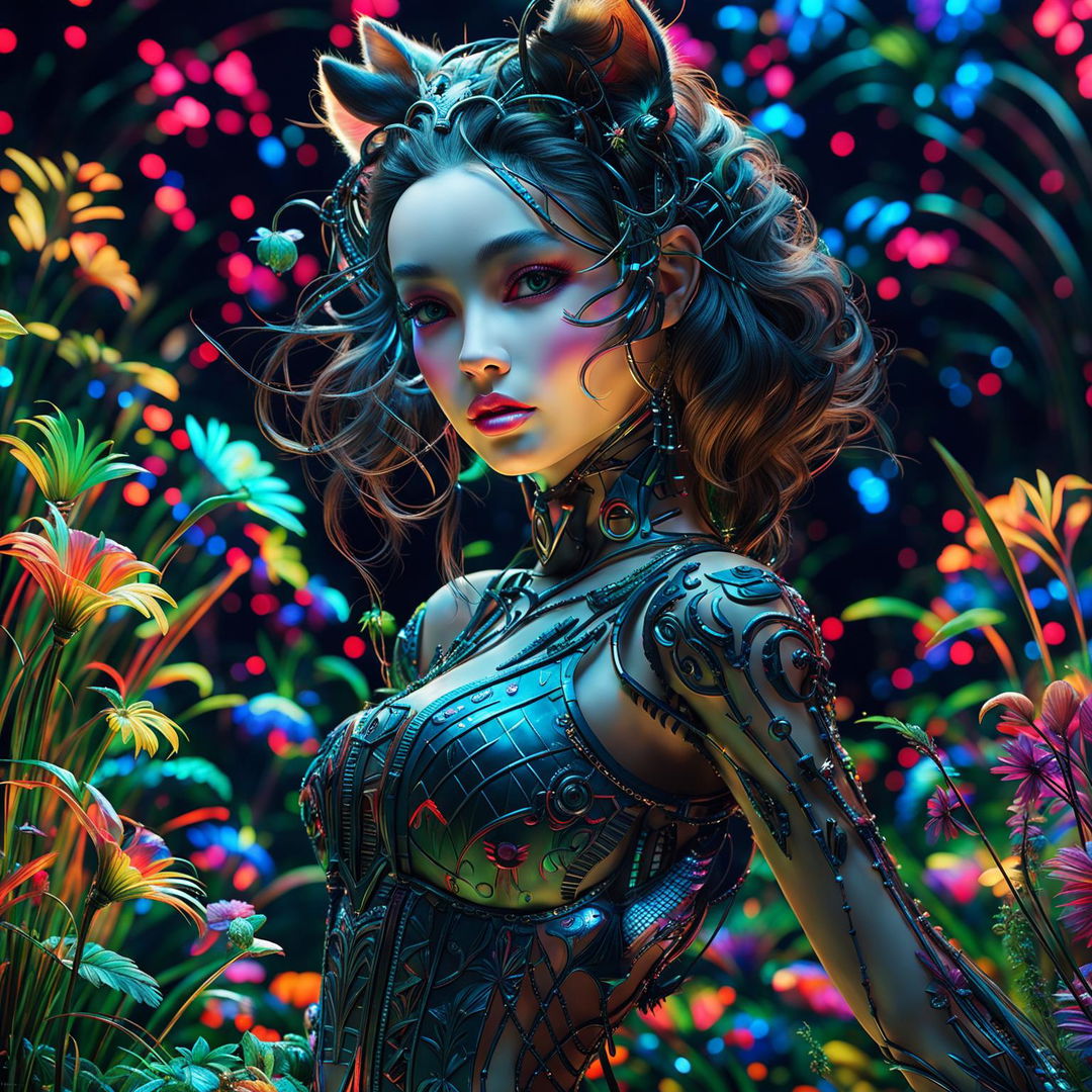 A close-up, hyper-realistic 3D photograph of a Rococo-inspired cyberpunk cat woman with pronounced feline features, facing upwards. She is surrounded by a fantasy aesthetic of bioluminescent flowers, vibrant colours, and stunning lighting effects.