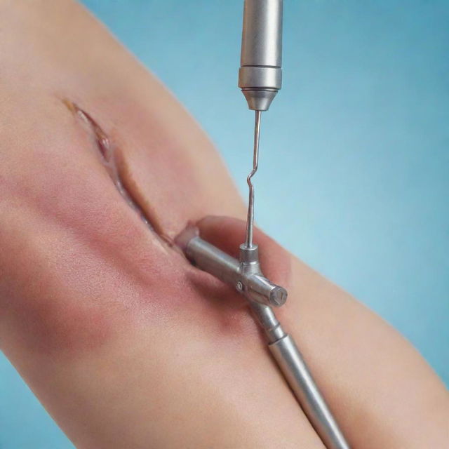 Illustration of a medical procedure known as arthroscopy, showcasing detailed view of the surgical instruments, technology and the targeted joint structure.