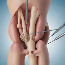 Illustration of a medical procedure known as arthroscopy, showcasing detailed view of the surgical instruments, technology and the targeted joint structure.