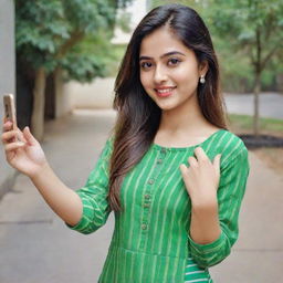 A beautiful girl taking a selfie attired in a green striped kurta and pants.