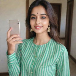 A beautiful girl taking a selfie attired in a green striped kurta and pants.