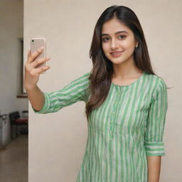 A beautiful girl taking a selfie attired in a green striped kurta and pants.