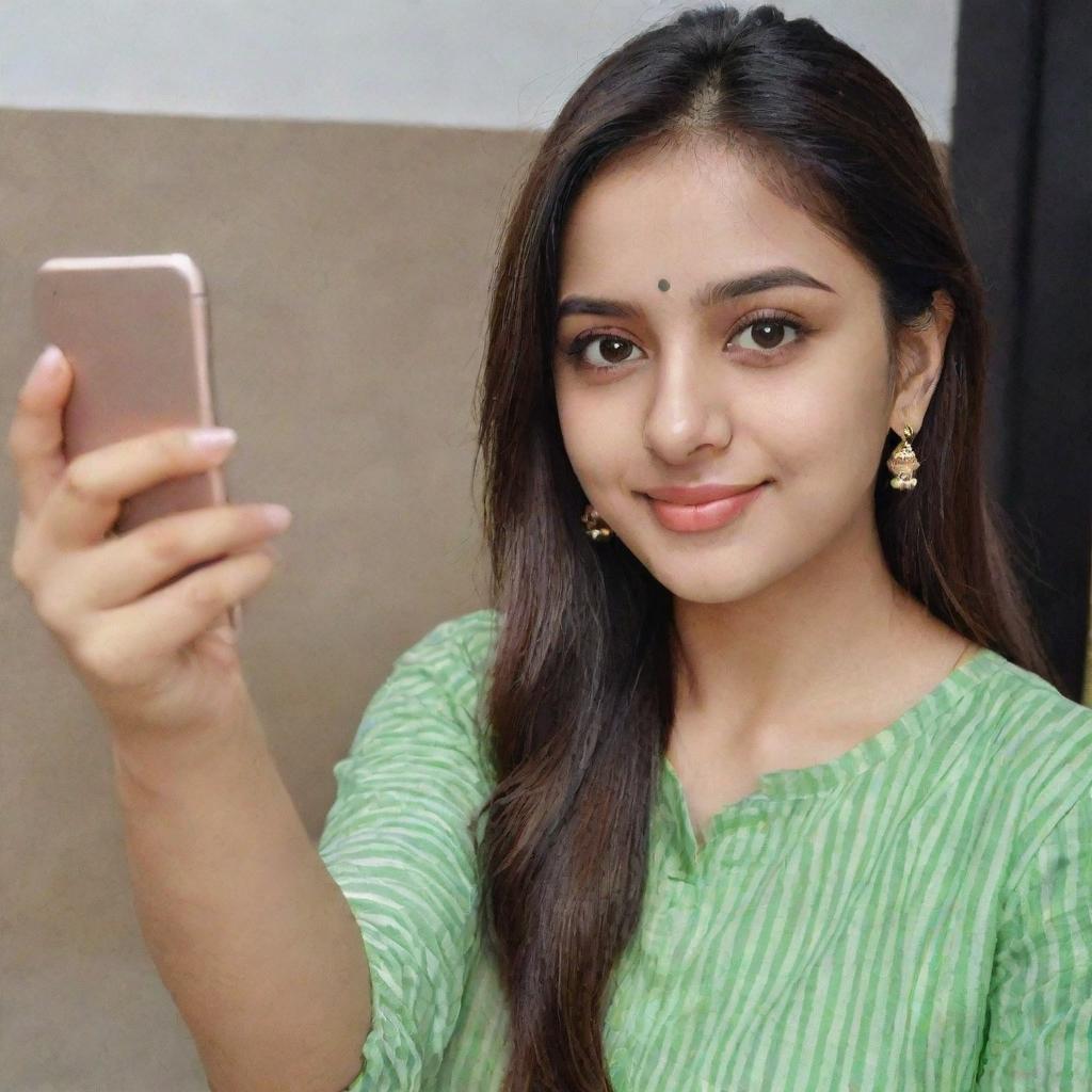 A beautiful girl taking a selfie attired in a green striped kurta and pants.