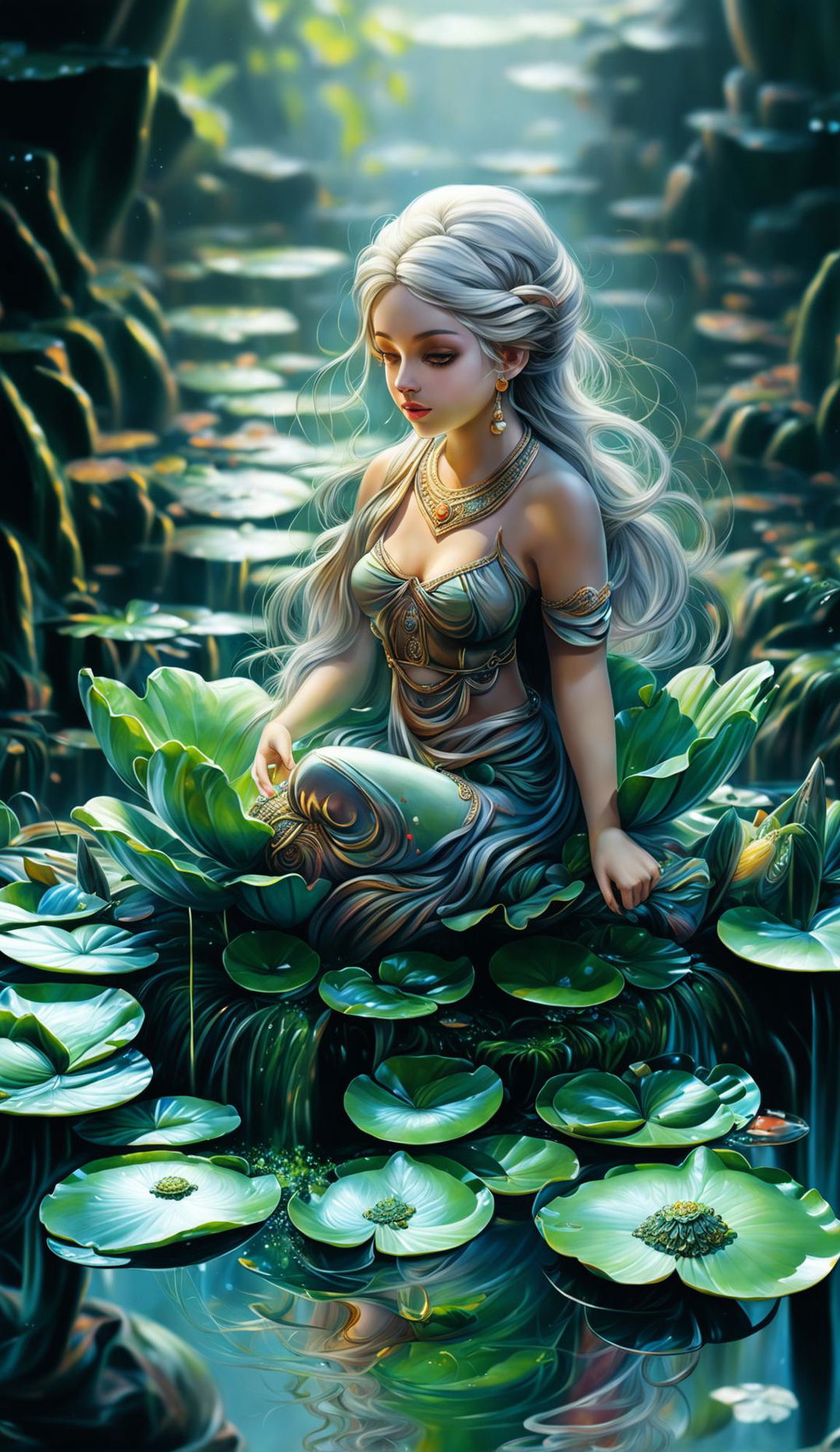 Intricate digital art of a tiny goddess on a lotus leaf in a river, with sharp, detailed, and awe-inspiring composition in an ethereal environment.