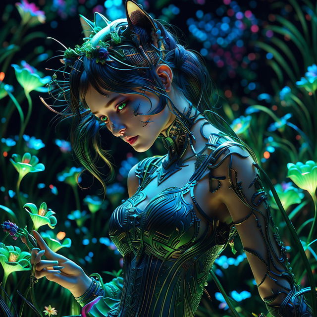 A close-up, hyper-realistic 3D photograph of a Rococo-inspired cyberpunk cat woman with pronounced feline features, facing downwards. She is surrounded by a fantasy aesthetic of bioluminescent flowers, vibrant colours, and stunning lighting effects.