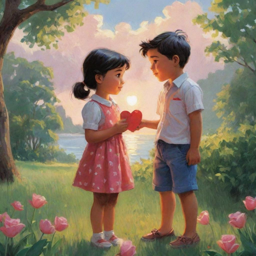 Create a Valentine's Day scene with a graphic novel-inspired illustration style, showcasing cute, dreamy, and relatable characters, as seen in the works of Fernando Amorsolo and Alexander Millar. Infuse the charm of a 'lit kid' into the design.