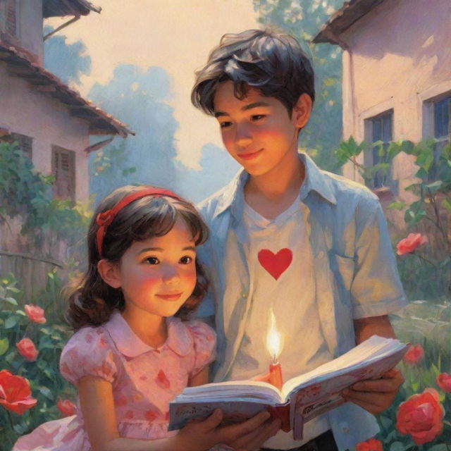 Create a Valentine's Day scene with a graphic novel-inspired illustration style, showcasing cute, dreamy, and relatable characters, as seen in the works of Fernando Amorsolo and Alexander Millar. Infuse the charm of a 'lit kid' into the design.