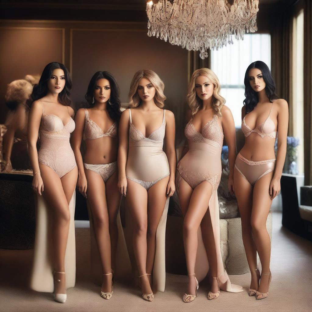 A high-definition photograph capturing a group of glamorous women, elegantly dressed in tasteful lingerie, posing within a luxurious showroom