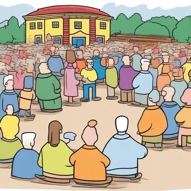 In the cartoon, the town meeting was depicted with all the colorful characters gathering at the town hall.