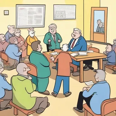 In the cartoon, the town meeting was depicted with all the colorful characters gathering at the town hall.