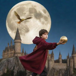 A wizard kid on a broom playing quidditch with golden snitch in the hand in front of Hogwarts castle, with a full moon in the background.