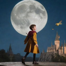 A wizard kid on a broom playing quidditch with golden snitch in the hand in front of Hogwarts castle, with a full moon in the background.