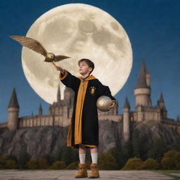 A wizard kid on a broom playing quidditch with golden snitch in the hand in front of Hogwarts castle, with a full moon in the background.