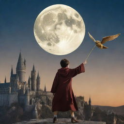 A wizard kid on a broom playing quidditch with golden snitch in the hand in front of Hogwarts castle, with a full moon in the background.