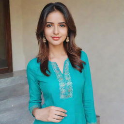 A beautiful girl taking a selfie while dressed in a turquoise kurta and pants.