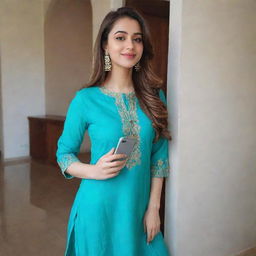 A beautiful girl taking a selfie while dressed in a turquoise kurta and pants.