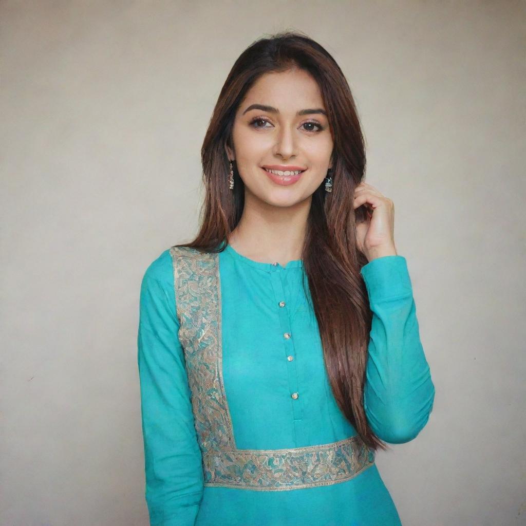 A beautiful girl taking a selfie while dressed in a turquoise kurta and pants.