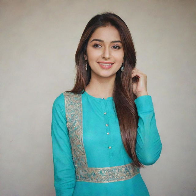 A beautiful girl taking a selfie while dressed in a turquoise kurta and pants.