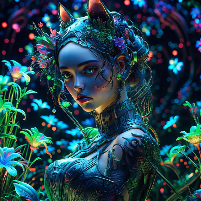 A close-up, hyper-realistic 3D photograph of a Rococo-inspired cyberpunk cat woman with pronounced feline features, facing diagonally. She is surrounded by a fantasy aesthetic of bioluminescent flowers, vibrant colours, and stunning lighting effects.