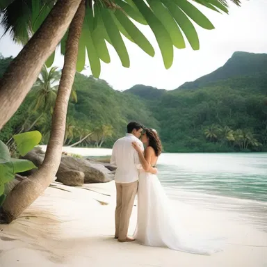 The couple's getaway to a remote island, surrounded by pristine beaches and lush greenery, was a romantic ecologic escape.