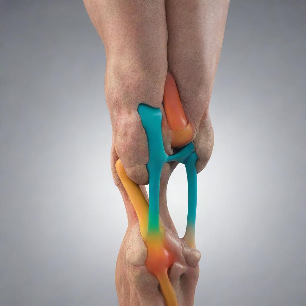 A 3D illustrated concept of joint health, showing vividly colored, strong and healthy human knee and elbow joints, to illustrate the importance of maintaining good joint health.