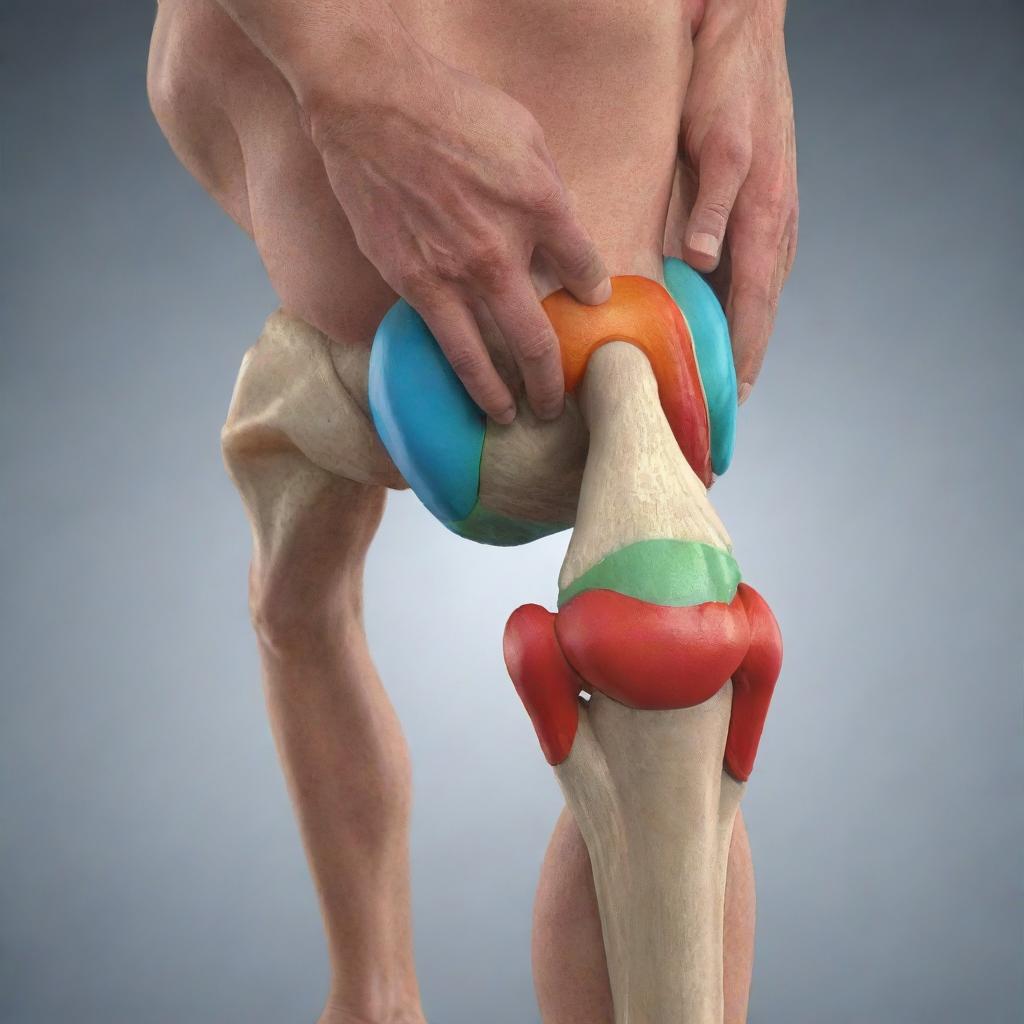 A 3D illustrated concept of joint health, showing vividly colored, strong and healthy human knee and elbow joints, to illustrate the importance of maintaining good joint health.