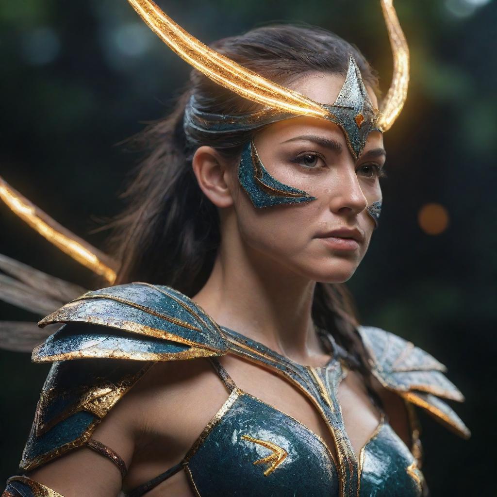 Generate a photorealistic, ultra-detailed image of an abstract Amazon warrior with fairy lighting effects in a high dynamic range