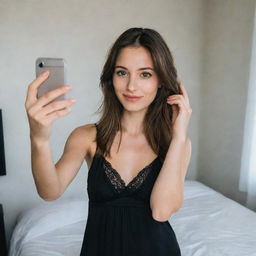 A beautiful girl taking a selfie while wearing a black nightgown.