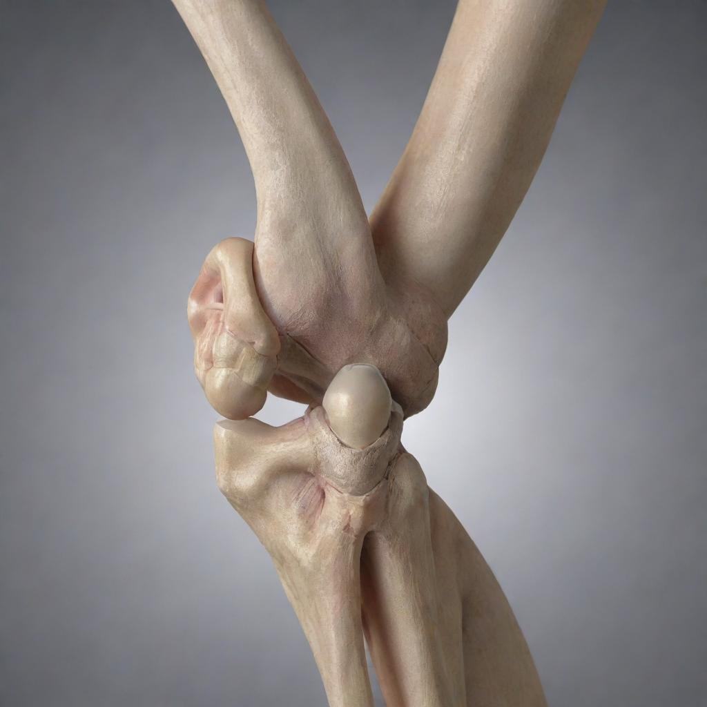 A photo-realistic rendering of healthy human knee and elbow joints, demonstrating the integrity and structure of the joints, ligaments and surrounding muscles.