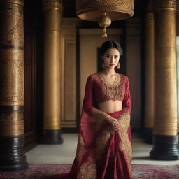 A super high-definition photograph capturing a stunningly attractive Indonesian woman, dressed in a slightly revealing traditional attire, inside a lavish room