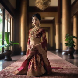 A super high-definition photograph capturing a stunningly attractive Indonesian woman, dressed in a slightly revealing traditional attire, inside a lavish room