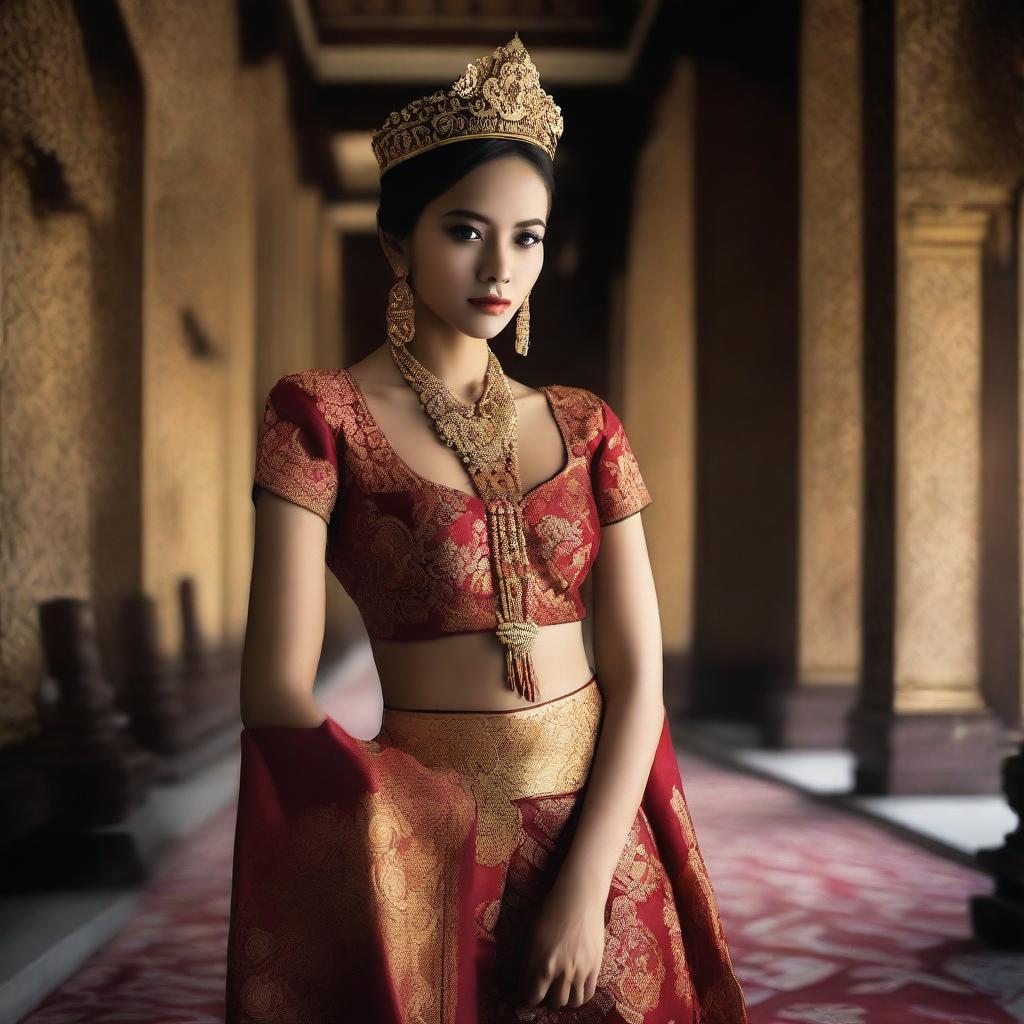 A super high-definition photograph capturing a stunningly attractive Indonesian woman, dressed in a slightly revealing traditional attire, inside a lavish room