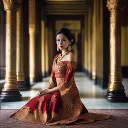 A super high-definition photograph capturing a stunningly attractive Indonesian woman, dressed in a slightly revealing traditional attire, inside a lavish room