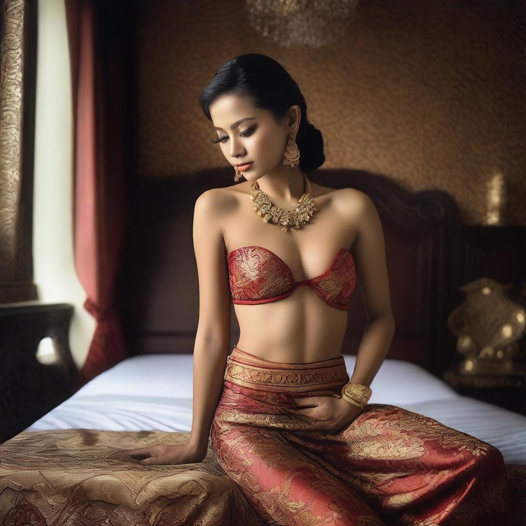 A super high-definition photograph capturing a stunningly attractive Indonesian woman, dressed in a revealing traditional attire that accentuates her sexy body, inside a luxurious room